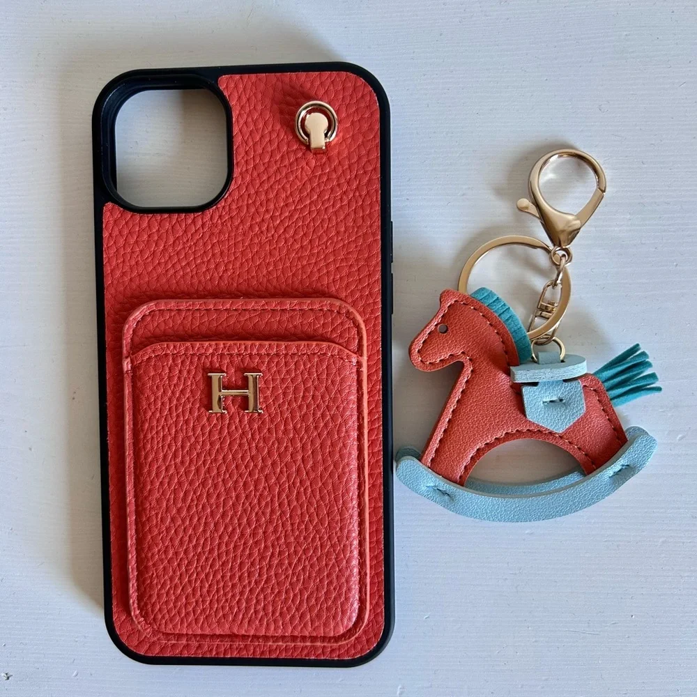 New Luxury H iPhone 14 Plus Protected Case with Rocking Horse Keychain